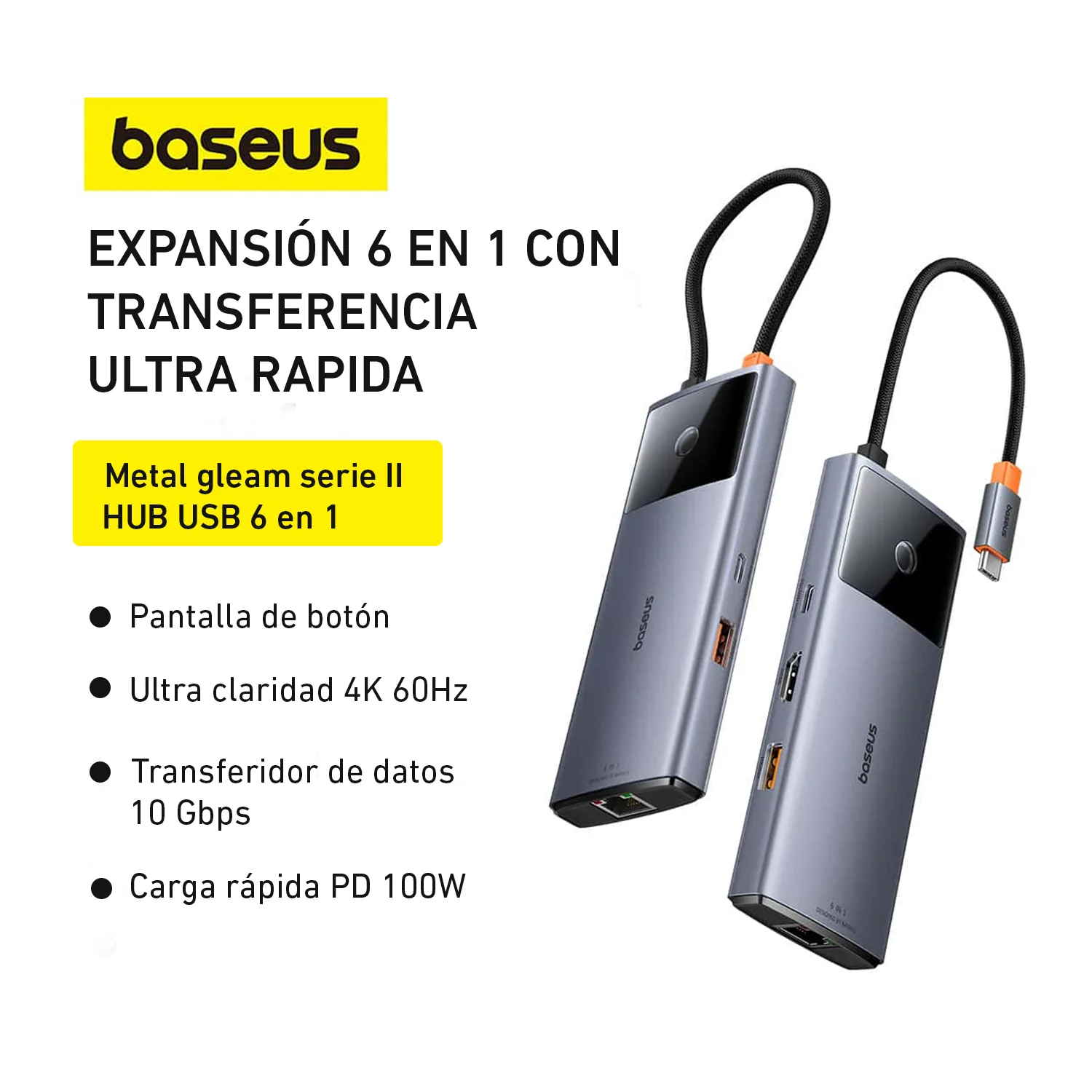 Adaptador Baseus HUB 6 EN 1 TIPO C HDMI4k USB RJ45 Serie II - Image 5
