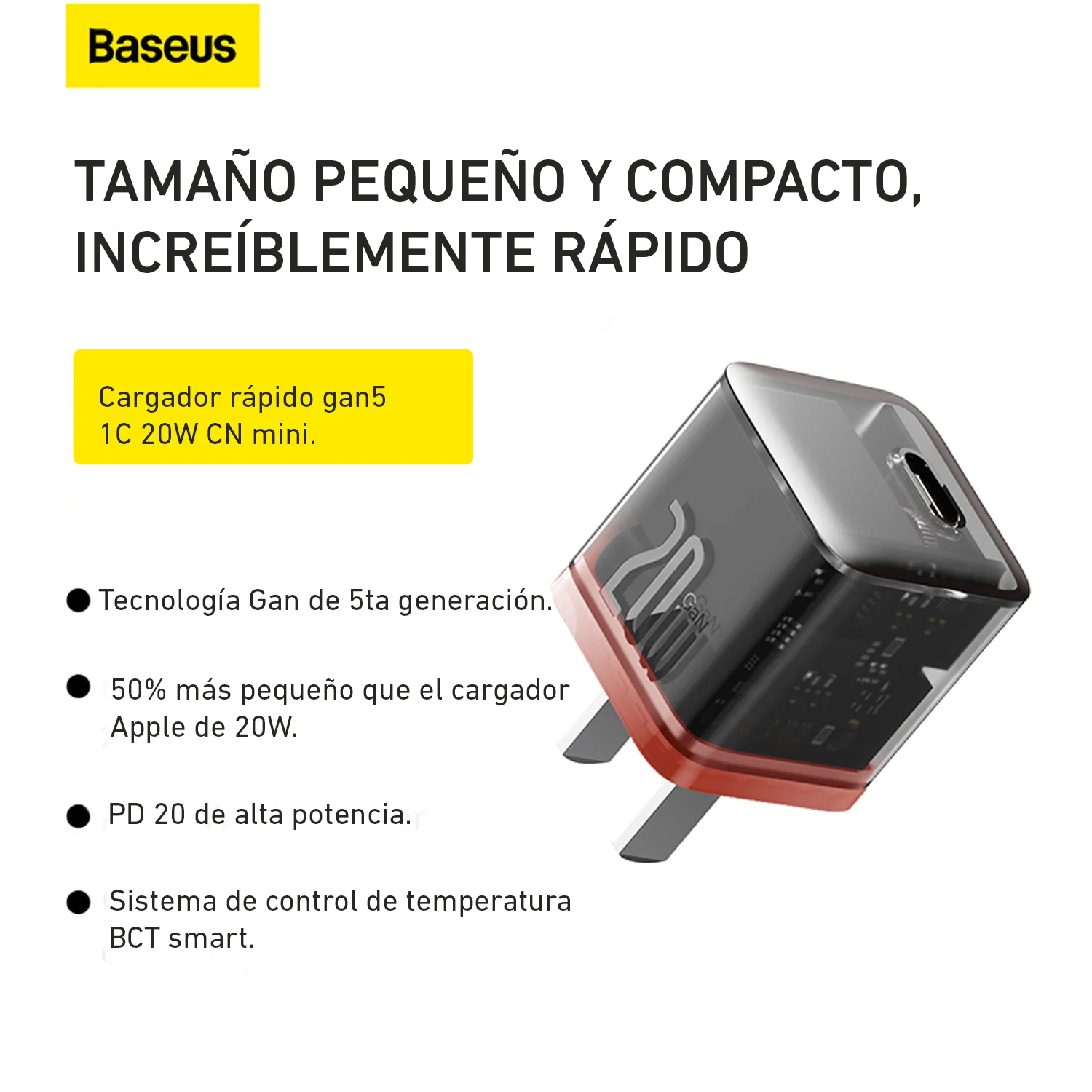 Mini Cargador 20w Baseus Carga Rápida Usb C Gan Color Negro CCGP170007 - Image 3