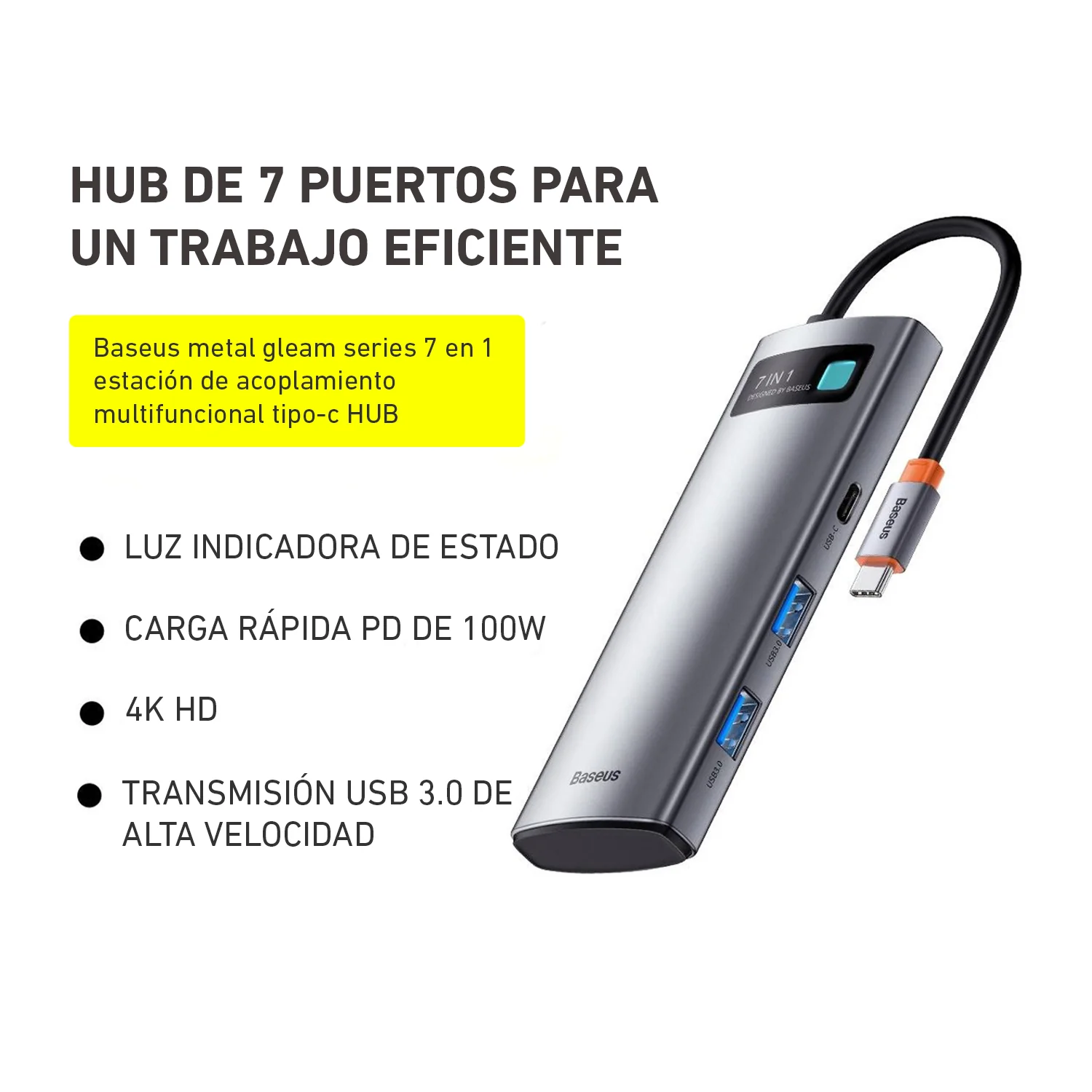 Adaptador Baseus HUB 7 EN 1 TIPO C USB3.0 HDMI 4k SD/TF WKWG020113 - Image 4