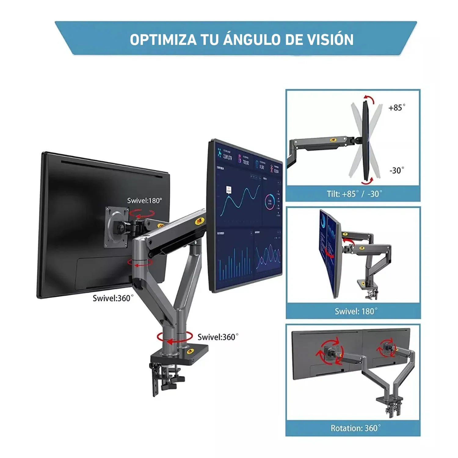 Brazo rack giratorio para 2 monitores de 22 a 32 pulgadas North Bayou G35 - Image 5